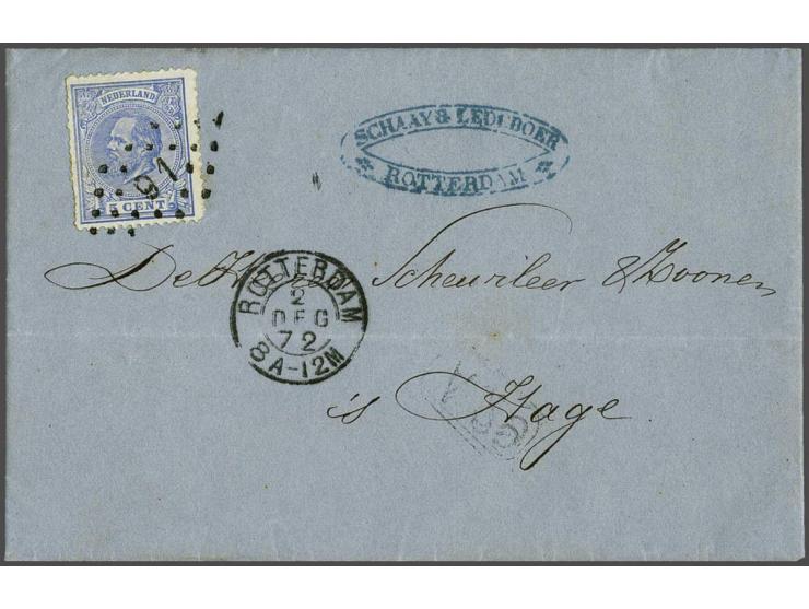 5 cent blauw tanding 14 kleine gaten op vouwbrief van Rotterdam 2-12-1872 naar Den Haag, pracht ex. (zegel links onregelmatig