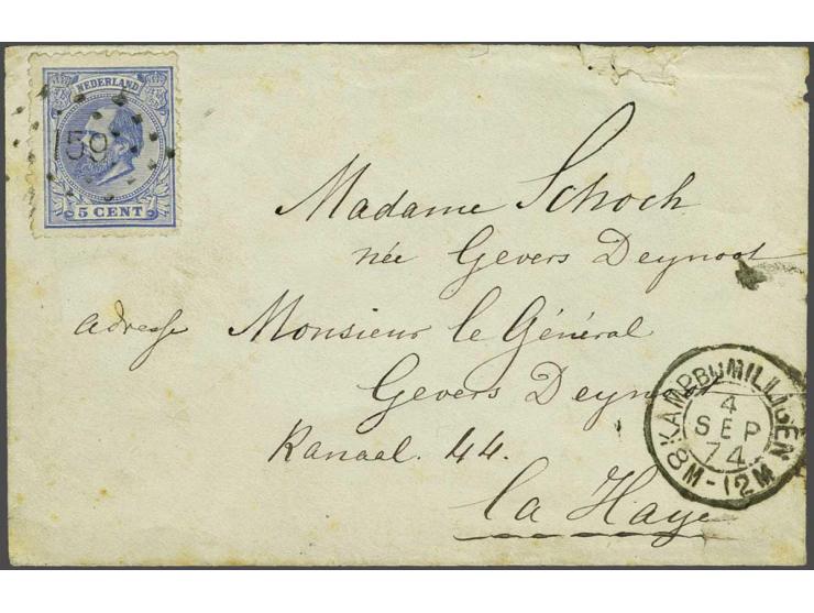 5 cent blauw tanding 12½ x 12 kleine gaten met puntstempel 159 - Kamp bij Milligen - op envelop 4-9-1874 naar Den Haag, prach