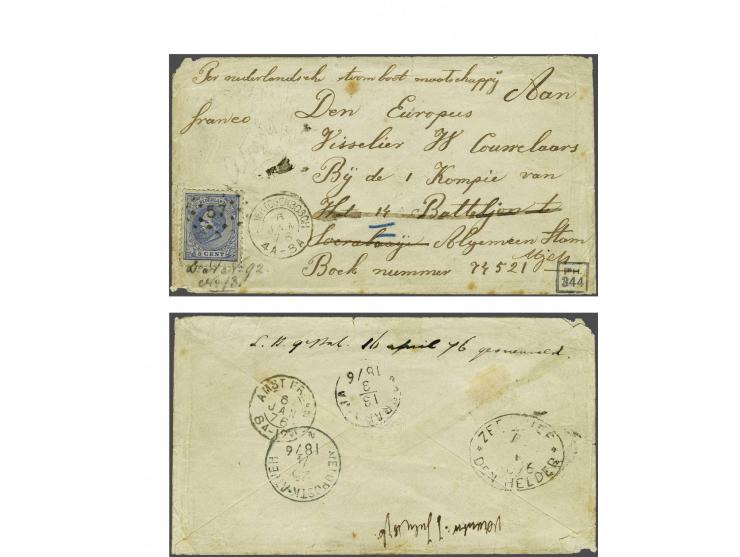 5 cent blauw tanding 12½ x 12 kleine gaten op envelop van Den Bosch 6-1-1876 via Amsterdam, Den Helder (ovaal stempel Zeebrie