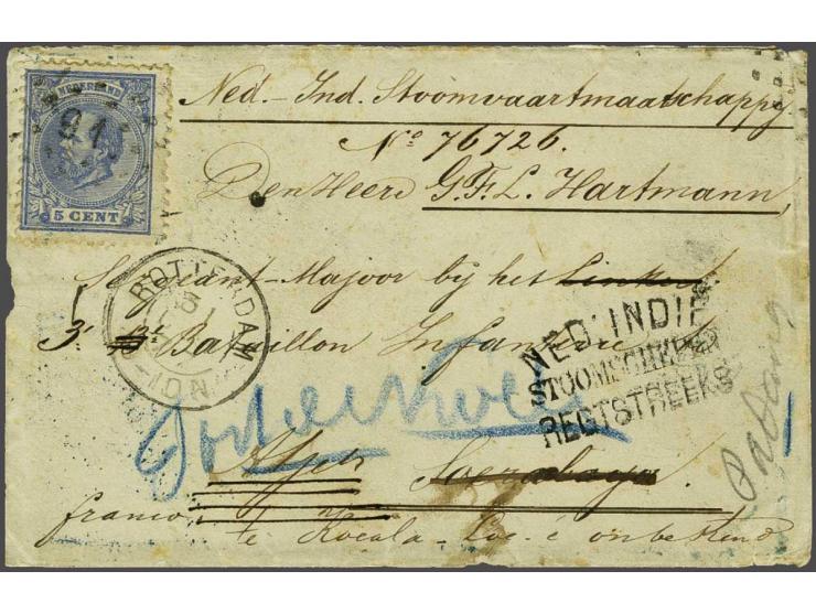 5 cent blauw tanding 12½ x 12 grote gaten op envelop van Rotterdam 31-10-1877 naar Den Heer G.F.L. Hartmann Sergeant-Majoor b