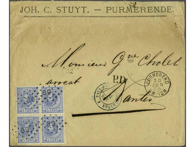 5 cent blauw in gecombineerd tandingpaar 11½ x 12 en 12½ x 12 grote gaten in blokpaar op envelop van Purmerend 30-6-1875 via 