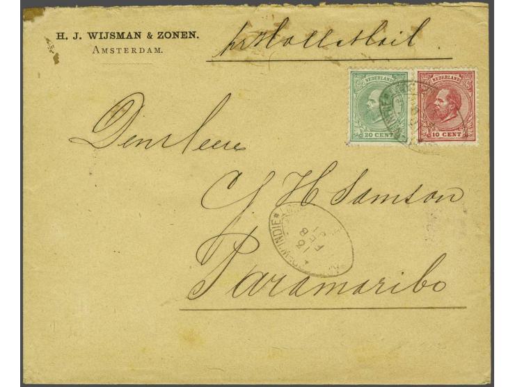 10 cent rood tanding 12½ grote gaten en 20 cent groen tanding 12½ grote gaten op envelop van Amsterdam 13-2-1891 naar Paramar