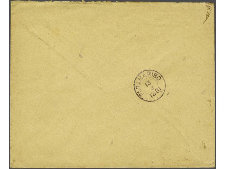 10 cent rood tanding 12½ grote gaten en 20 cent groen tanding 12½ grote gaten op envelop van Amsterdam 13-2-1891 naar Paramar