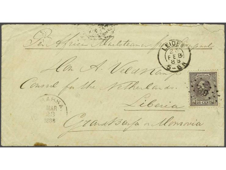 25 cent violet tanding 12½ x 12 grote gaten op envelop van Leiden 23-2-1888 naar Monrovia (Liberia), pracht ex. Zeldzame best