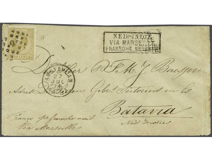 50 cent geelbruin tanding 12½ x 12 grote gaten op envelop van Amsterdam 27-7-1876 naar Batavia met tevens stempel Ned.-Indië 