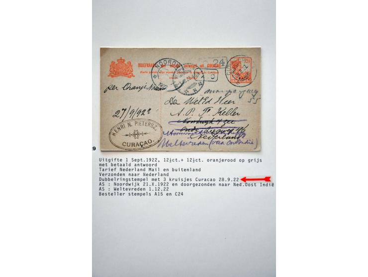 71 vrijwel alle gebruikte briefkaarten 1885-1939 w.b. G4a en b, 5a, 6 met bijfrankering naar Nederland, zonder bijfrankering 