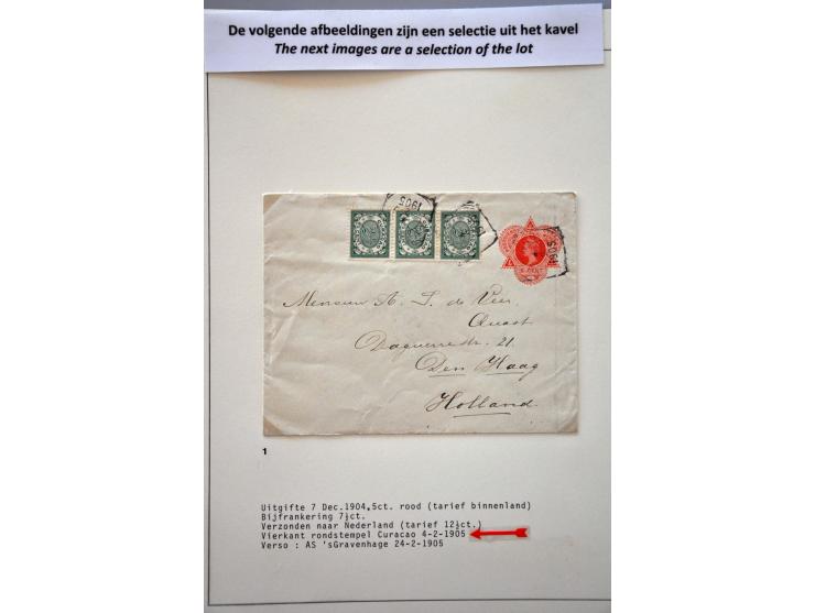 50 enveloppen w.b. G1 Curaçao 4.2.1905 naar Den Haag, aankomststempel grootrond nachtuur 24.2.1905, beschadigd (vroegst beken