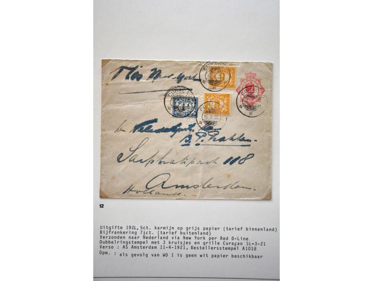 50 enveloppen w.b. G1 Curaçao 4.2.1905 naar Den Haag, aankomststempel grootrond nachtuur 24.2.1905, beschadigd (vroegst beken