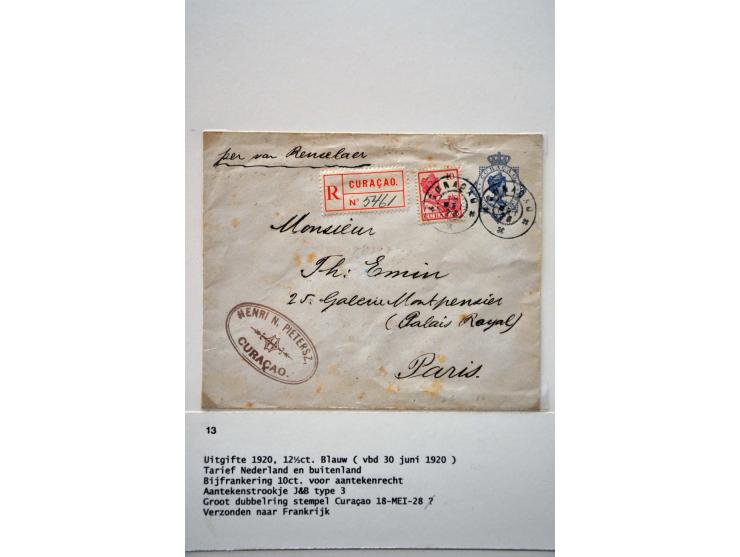 50 enveloppen w.b. G1 Curaçao 4.2.1905 naar Den Haag, aankomststempel grootrond nachtuur 24.2.1905, beschadigd (vroegst beken