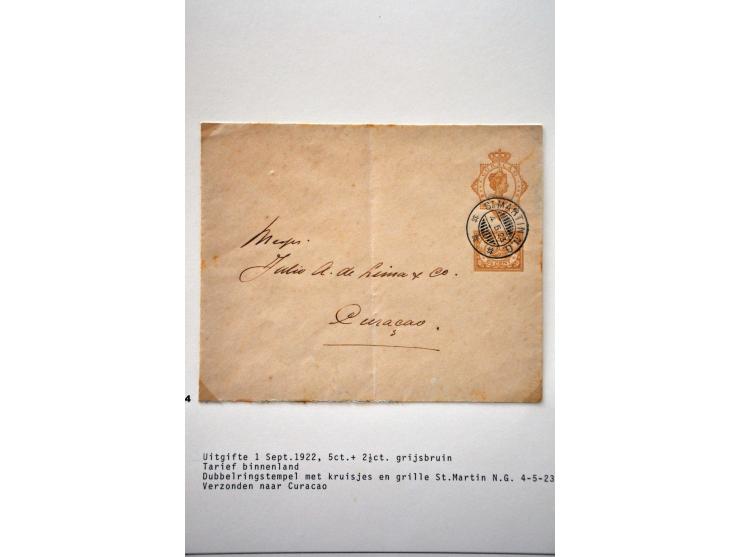 50 enveloppen w.b. G1 Curaçao 4.2.1905 naar Den Haag, aankomststempel grootrond nachtuur 24.2.1905, beschadigd (vroegst beken