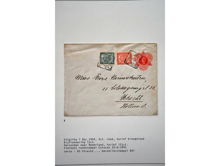 50 enveloppen w.b. G1 Curaçao 4.2.1905 naar Den Haag, aankomststempel grootrond nachtuur 24.2.1905, beschadigd (vroegst beken