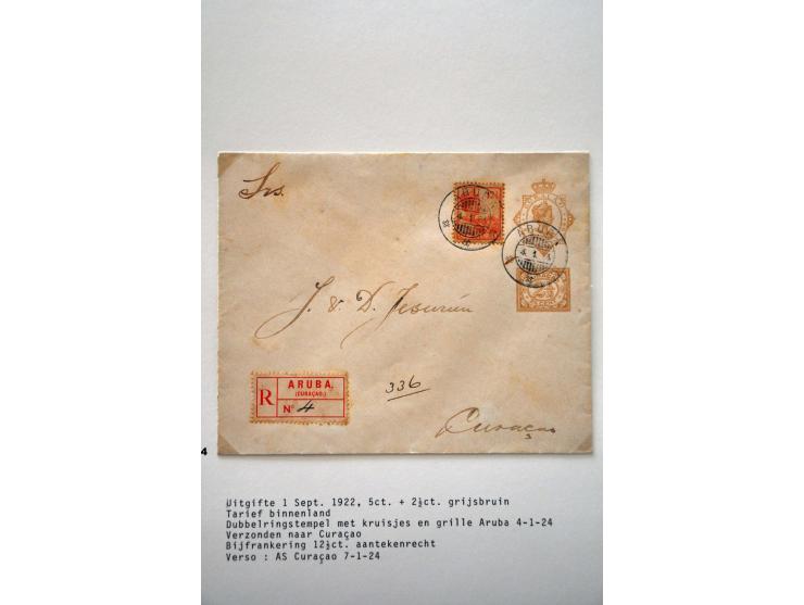 50 enveloppen w.b. G1 Curaçao 4.2.1905 naar Den Haag, aankomststempel grootrond nachtuur 24.2.1905, beschadigd (vroegst beken