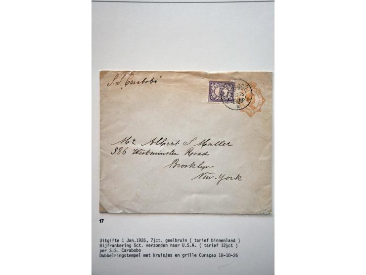 50 enveloppen w.b. G1 Curaçao 4.2.1905 naar Den Haag, aankomststempel grootrond nachtuur 24.2.1905, beschadigd (vroegst beken