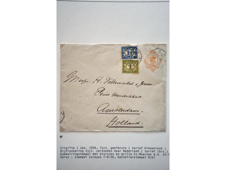 50 enveloppen w.b. G1 Curaçao 4.2.1905 naar Den Haag, aankomststempel grootrond nachtuur 24.2.1905, beschadigd (vroegst beken