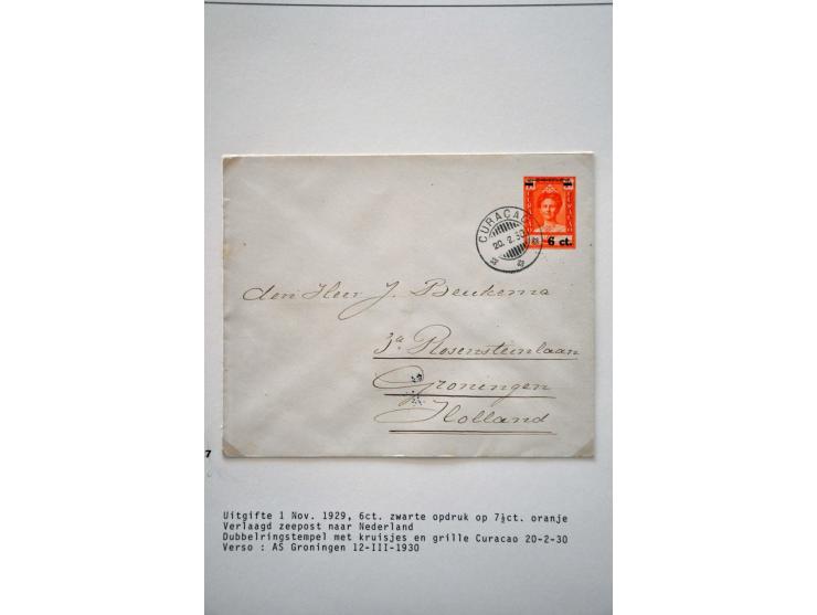 50 enveloppen w.b. G1 Curaçao 4.2.1905 naar Den Haag, aankomststempel grootrond nachtuur 24.2.1905, beschadigd (vroegst beken