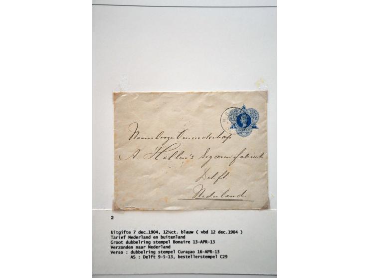 50 enveloppen w.b. G1 Curaçao 4.2.1905 naar Den Haag, aankomststempel grootrond nachtuur 24.2.1905, beschadigd (vroegst beken