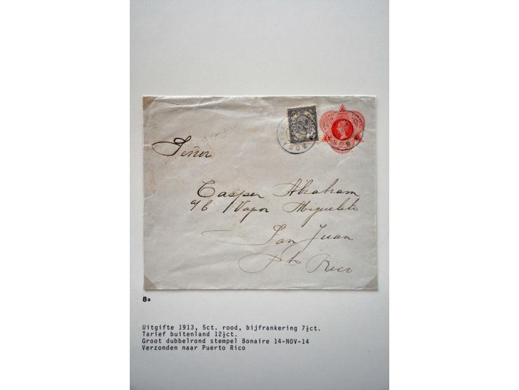 50 enveloppen w.b. G1 Curaçao 4.2.1905 naar Den Haag, aankomststempel grootrond nachtuur 24.2.1905, beschadigd (vroegst beken