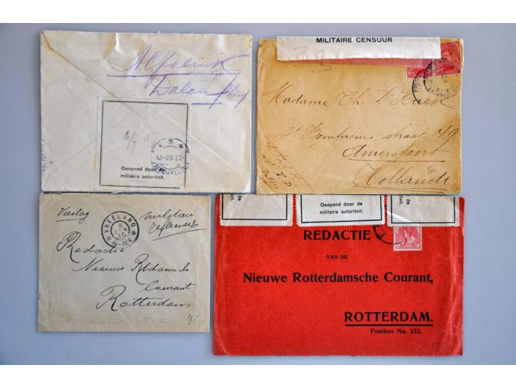 Nederland 1915-1918, ruim 60 post(waarde)stukken w.b. militaire censuurstempels en labels, portvrijdom etc.