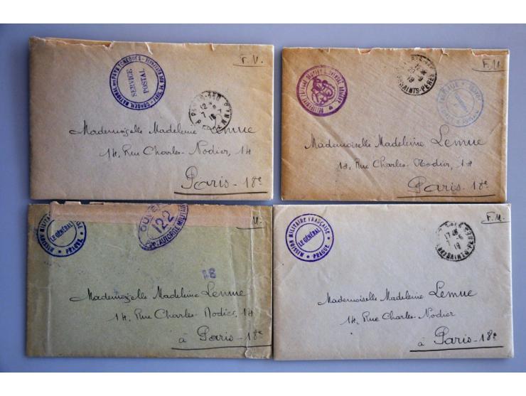 France 5 letters with blue or violet cancels Mission Militaire Française Prague or Conseil National all to Paris, 1919, 1 cen