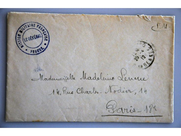 France 5 letters with blue or violet cancels Mission Militaire Française Prague or Conseil National all to Paris, 1919, 1 cen