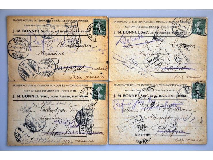 France, 5 postcards from St. Etienne 1921 with 5 cent. to Turkey, all returned in Stamboul with retour, 1 sent to Bayazid (Ku