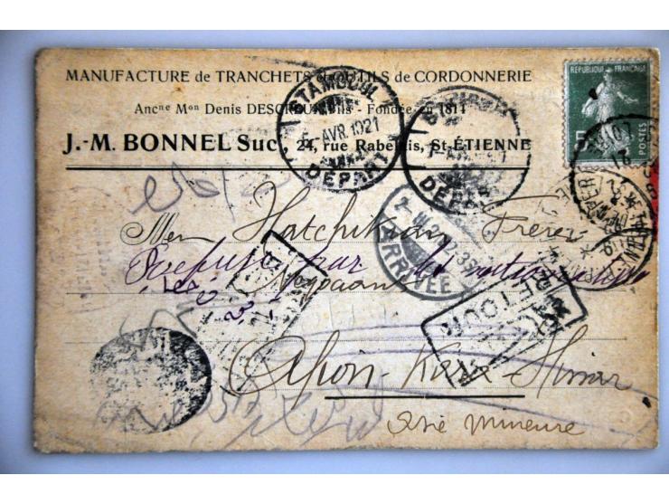 France, 5 postcards from St. Etienne 1921 with 5 cent. to Turkey, all returned in Stamboul with retour, 1 sent to Bayazid (Ku