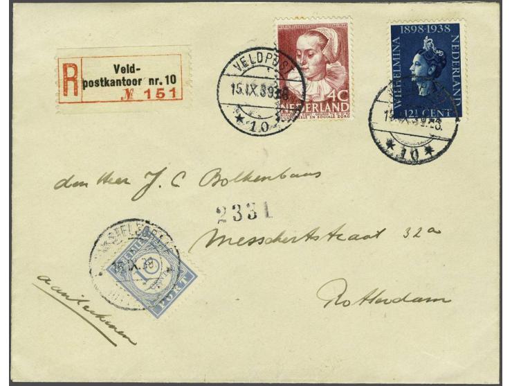 Nederland 10 cent port met langebalk RIJKSTELEGRAAF ROTTERDAM 15.IX.39 op aangetekende envelop VELDPOSTKANTOOR nr.10 met 4 ce