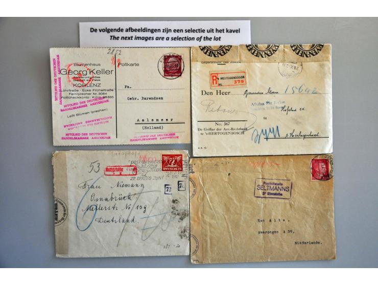 Nederland 1940-1945, ruim 500 post(waarde)stukken van en naar het buitenland w.b. censuur en iet Nederlands-Indië in doos