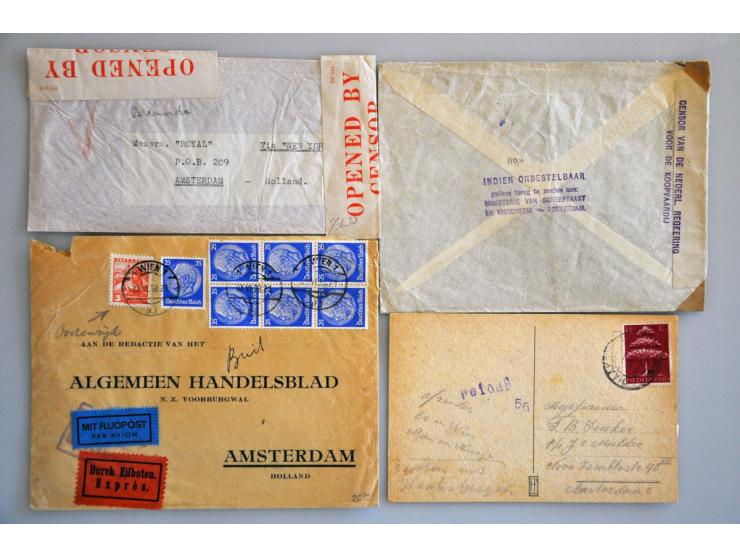 Nederland 1940-1945, ruim 500 post(waarde)stukken van en naar het buitenland w.b. censuur en iet Nederlands-Indië in doos