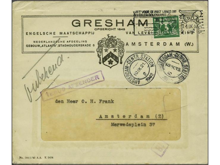 5 cent lichtgroen op vensterenvelop Gresham Engelsche Maatschappij van levensverzekering lokaal Amsterdam 4.IX.1942 geadresse