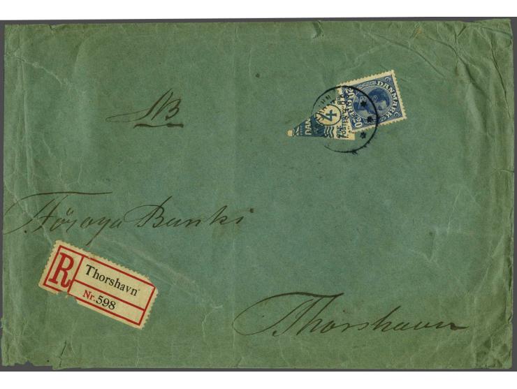 Bisected 4 øre wrapper with 20 øre on registered local letter Thorshavn 31.2.1919, letter damaged (at left not complete)