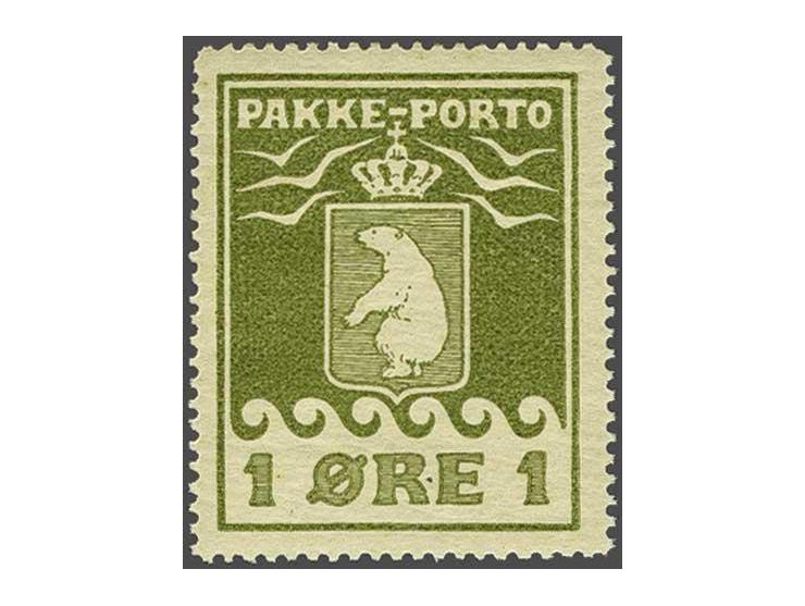 Pakkeporto 1 øre olive green perforated 12¼, very fine unmounted mint with 2001 Lasse Nielsen certificate, cat.v. 650+ (Facit