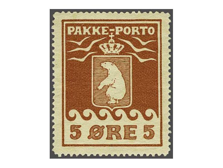 Pakkeporto 5 øre red brown perforated 12¼, very fine unmounted mint with 2002 Lasse Nielsen certificate, cat.v. 700+ (Facit n