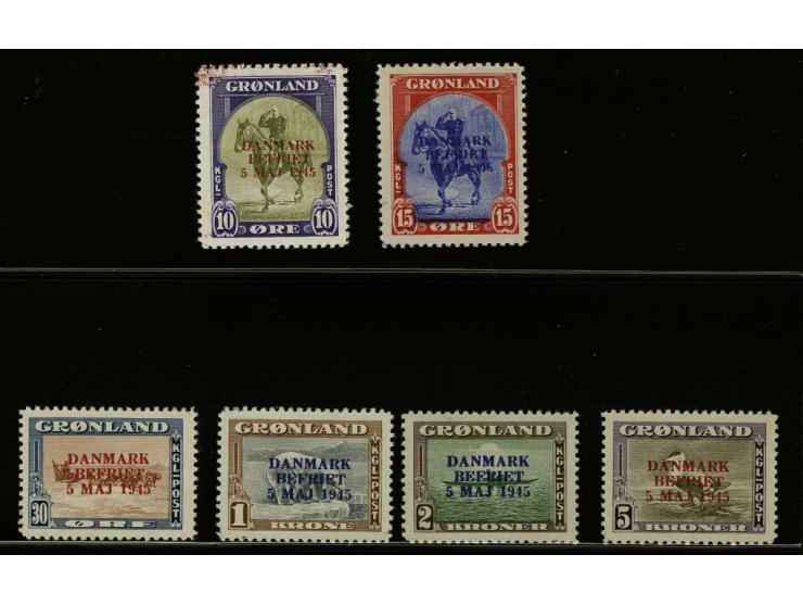 Danmark Befriet 10 øre - 5 kroner with variety colours overprint changed, fine unmounted mint (all values some toning at reve