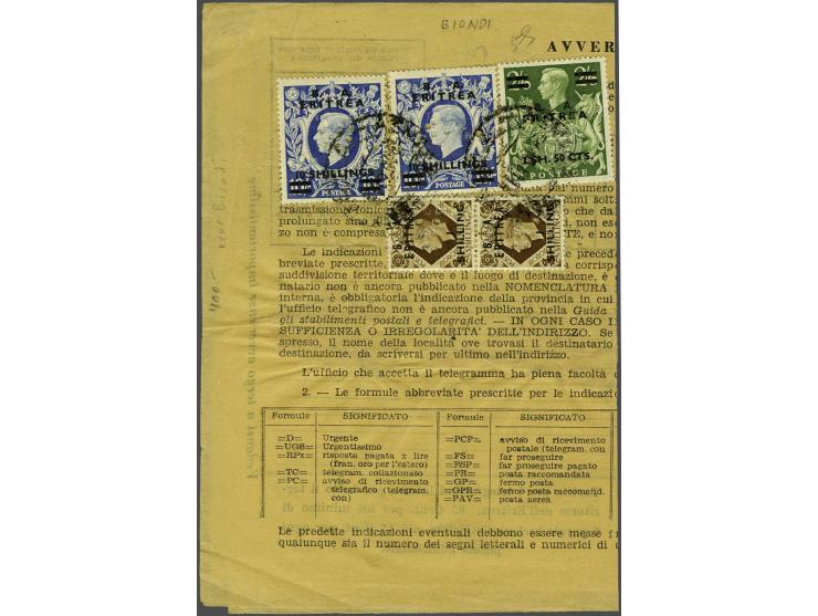 George VI 1 shilling (2x), 1,50 shillings and 10 shillings on telegram from Asmara 3-10-1951 to Lugano, fine (perforation hol