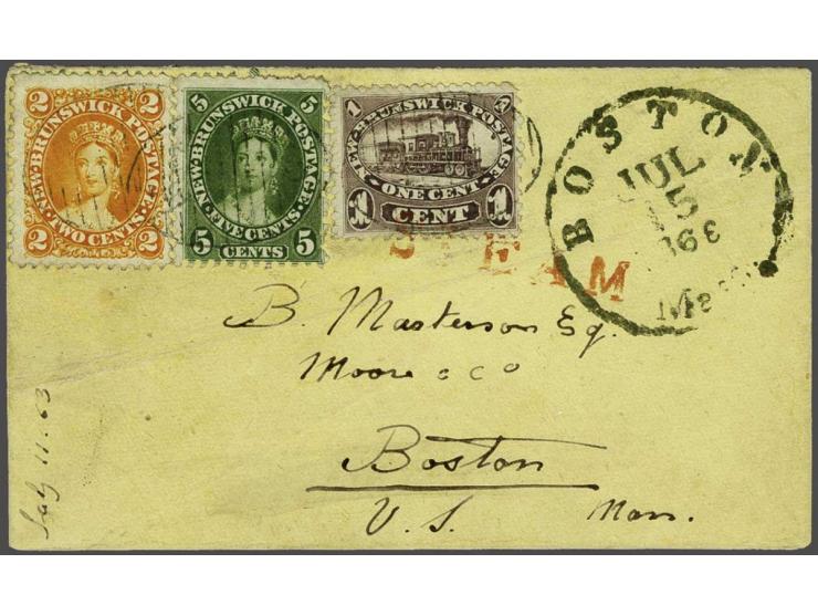 Locomotive 1 cent purple and Victoria 2 cents orange and 5 cents deep green on small cover from Woodstock 11-7-1863 to Boston