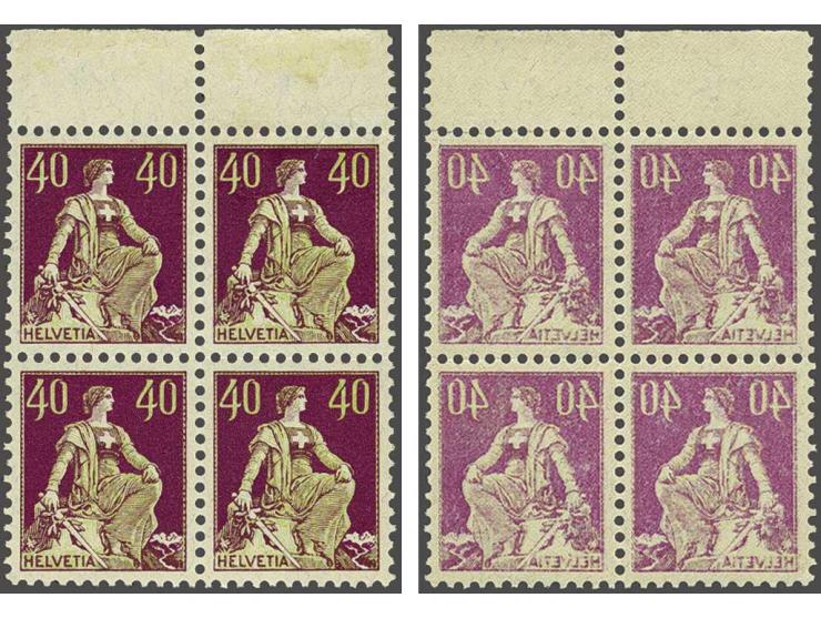 Helvetia with Sword 40 centimes type II with variety complete mirrorprint at reverse in block of 4 with sheet margin, very fi