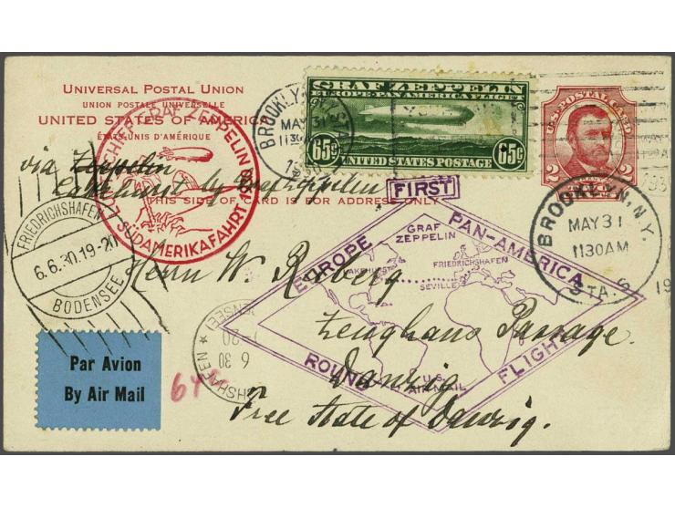 Pan-America Flight of the Graf Zeppelin 1930. 65 cents green on card from Brooklyn, N.Y. to Danzig (Germany) with special cac