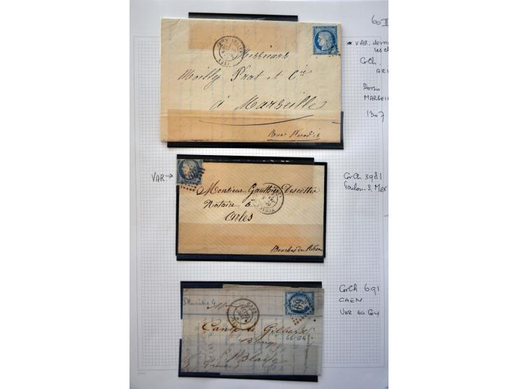 40 poststukken met 25 centimes Yv. nr. 60B (blauw driehoekje rechtsboven) w.b. plaatfouten en stempels op bladen