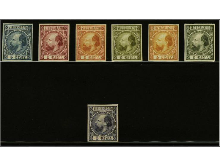 Ongetande kleurproeven 5 cent type II door A.W. Sijthoff te Leiden in indigo, karmijn, goudgeel, olijfgroen, oranje, zwartoli