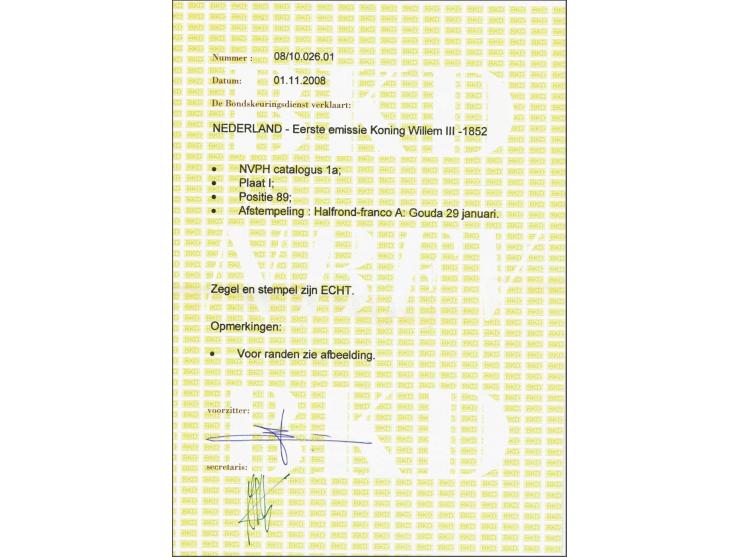 5 cent diepdonkerblauw op dun papier plaat I pos. 89 met Gouda A (Ey 50), pracht ex. met certificaat Ned. Bond 2008