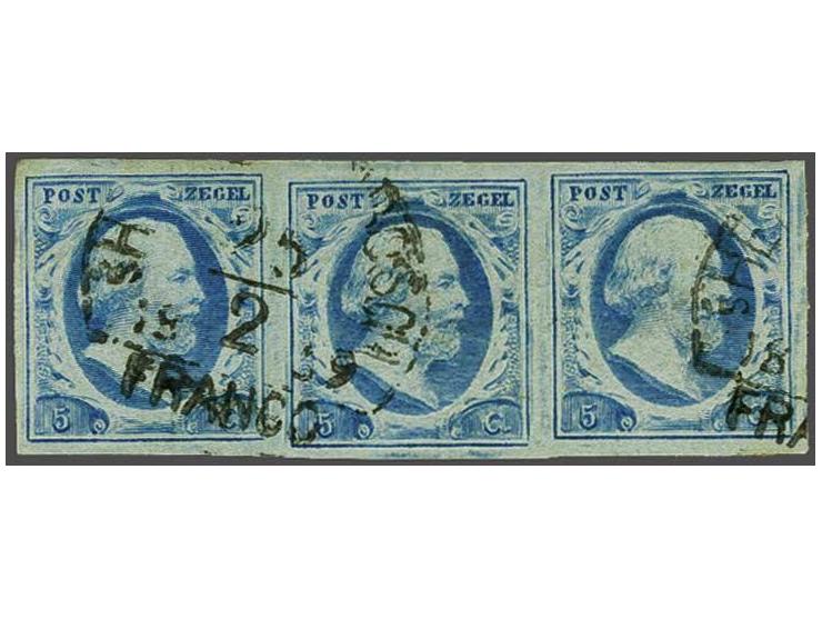 5 cent blauw plaat III pos. 7-9 in strip van 3, pracht ex.