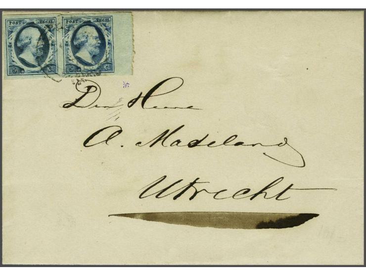 5 cent donkerblauw plaat III pos. 9-10 in paar met velrand op vouwbrief van Amsterdam 8-7-1857  naar Utrecht, fris pracht ex.