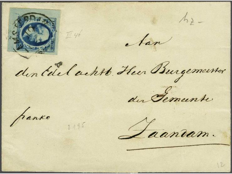 5 cent blauw plaat III pos. 46 met hoekvelrand op briefomslag van Amsterdam 19-6-1857 naar Zaandam, pracht ex. en luxe zegel!