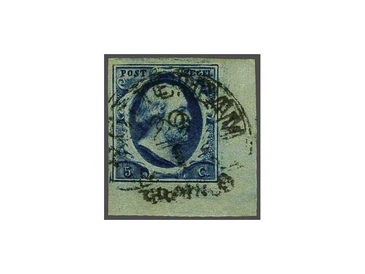 5 cent donkerblauw plaat III pos. 50 met hoekvelrand, pracht ex. (2 gelige vlekjes achterzijde)