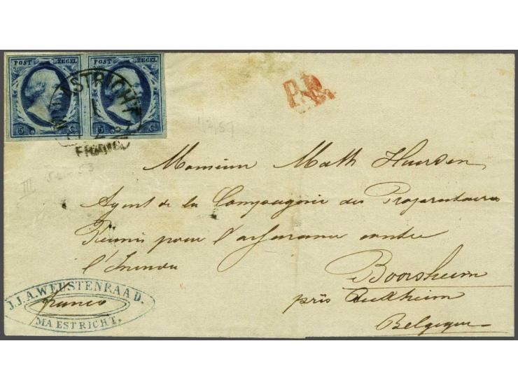 5 cent donkerblauw plaat III pos. 52-53 in paar op briefomslag van Maastricht 1-2-1857 naar Boorsheim in België (thans Boorse