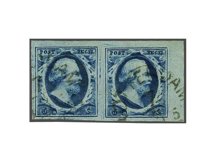 5 cent donkerblauw plaat III pos. 54-55 in paar met velrand, pracht ex.