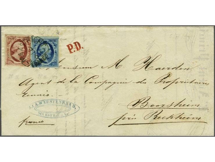 5 cent blauw plaat III pos. 97 en 10 cent rood plaat IV pos. 39 op vouwbrief van Maastricht 4-6-1857 over Tongeren naar Boors