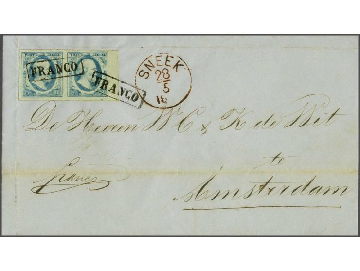 5 cent blauw plaat IV pos. 14-15 met velrand op briefomslag van Sneek 28-5-1861 naar Amsterdam, pracht ex.