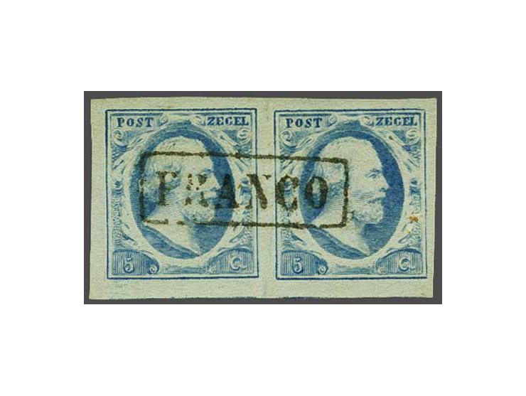 5 cent blauw plaat IV pos. 41-42 in paar met centraal franco-kastje stempel, pracht ex.